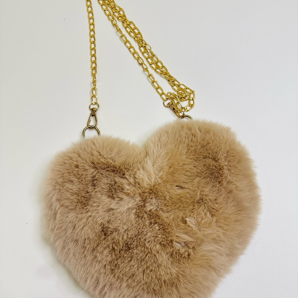 Faux Fur Heart-Shaped Tan Bag with Gold Chain